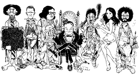 The team of later artists with Goscinny on the throne, by Didier Comès
